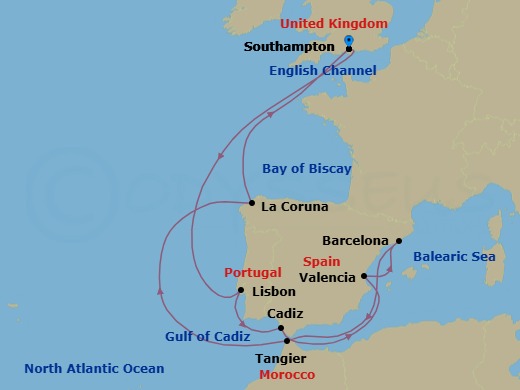 14 Night - Portugal, Spain and Morocco - Queen Victoria - Starting in Southampton, England, UK, Lisbon, Portugal, Cadiz (tours to Seville), Spain, Valencia, Spain, Barcelona, Spain, Tangier, Morocco, La Coruna (tours to Santiago de Compostela), Spain, Southampton, England, UK itinerary map