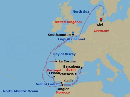 17 Night - Portugal, Spain and Morocco - Queen Victoria - Starting in Southampton, England, UK, Lisbon, Portugal, Cadiz (tours to Seville), Spain, Valencia, Spain, Barcelona, Spain, Tangier, Morocco, La Coruna (tours to Santiago de Compostela), Spain, Southampton, England, UK, Kiel, Germany itinerary map