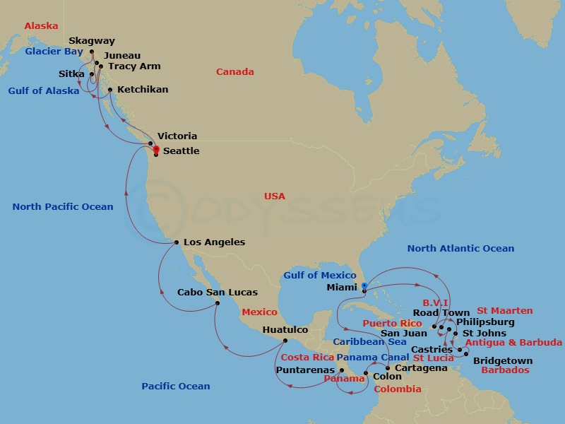 Queen Elizabeth - 42 Night - Miami to Seattle - Queen Elizabeth - Starting in Miami, FL, San Juan, Puerto Rico, St Johns AG, Antigua, Castries, St Lucia, Bridgetown, Barbados,.. itinerary map