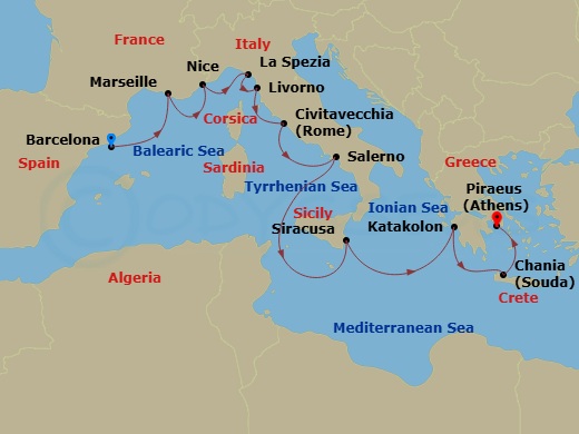 Azamara Onward - 14 Night - Mediterranean Cruise : Spain, France & Italy - Azamara Onward - Starting in Barcelona, Provence (Marseille), Nice, La Spezia, Florence / Pisa (Livo.. itinerary map