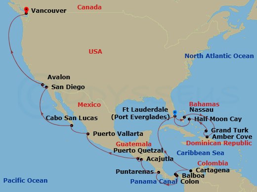 HAL Eurodam - 26 Night - Eastern Caribbean Explorer & Panama Canal - HAL Eurodam - Starting in Fort Lauderdale, Florida, Half Moon Cay, Bahamas, Grand Turk, Turks and Caico.. itinerary map