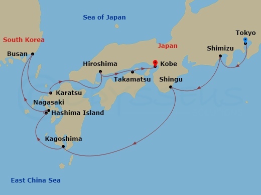 Star Seeker - 10 Night - Grand Japan - Star Seeker - Starting in Tokyo, Japan, Shimizu, Shingu, Kagoshima, Scenic Cruising Hashima Island, Japan, Nagasaki, Busan, Karatsu,.. itinerary map