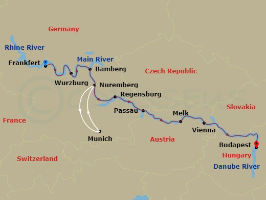 Avalon Imagery II - 12 Night - Christmastime from Frankfurt to Budapest - Avalon Imagery II - Starting in Frankfurt, Germany (Embarkation), Main River Village, Wurzburg, Bamberg,.. itinerary map