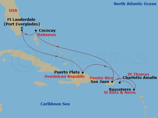 RCL Allure of the Seas - 8 Night - Eastern Caribbean & Perfect Holiday - RCL Allure of the Seas - Starting in Fort Lauderdale, Florida, Puerto Plata, Dominican Republic, Charlotte Ama.. itinerary map