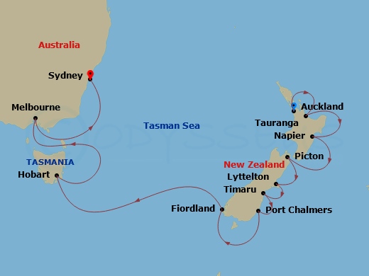 HAL Noordam - 14 Night - Australia & New Zealand - HAL Noordam - Starting in Auckland, New Zealand, Tauranga (Rotorua), New Zealand, Napier, New Zealand, Picton, New Zealan.. itinerary map