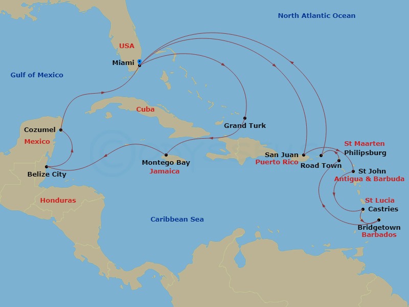 Queen Elizabeth - 21 Night - Caribbean Roundtrip from Miami - Queen Elizabeth - Starting in Miami, FL, San Juan, Puerto Rico, St Johns AG, Antigua, Castries, St Lucia, Bridgeto.. itinerary map