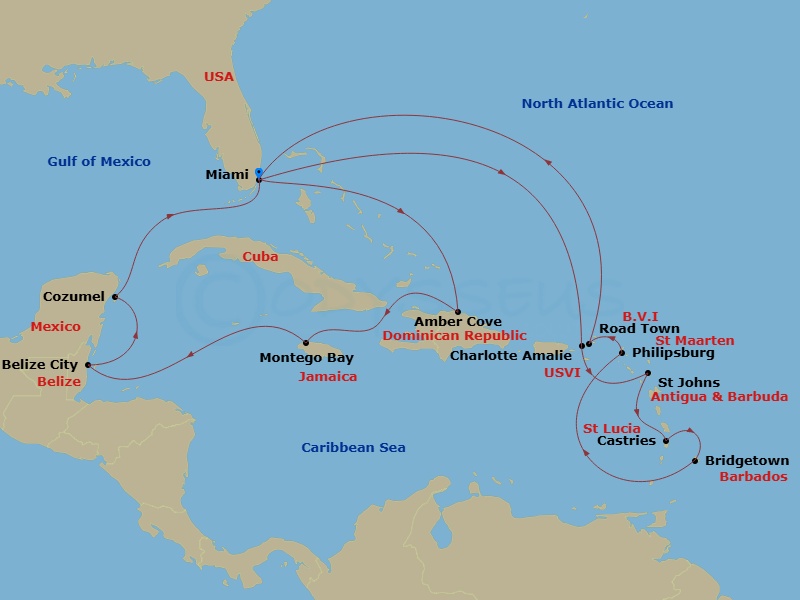 Queen Elizabeth - 21 Night - Caribbean Roundtrip from Miami - Queen Elizabeth - Starting in Miami, FL, St Thomas, US Virgin Islands, St Johns AG, Antigua, Castries, St Lucia, B.. itinerary map