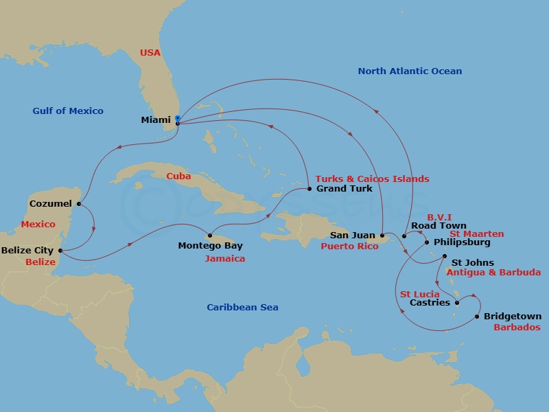 Queen Elizabeth - 21 Night - Caribbean Roundtrip from Miami - Queen Elizabeth - Starting in Miami, FL, Cozumel, Mexico, Belize City, Belize, Montego Bay, Jamaica, Grand Turk, T.. itinerary map