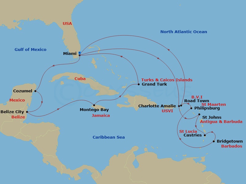 Queen Elizabeth - 21 Night - Caribbean Roundtrip from Miami - Queen Elizabeth - Starting in Miami, FL, St Thomas, US Virgin Islands, St Johns AG, Antigua, Castries, St Lucia, B.. itinerary map