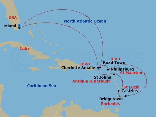 Queen Elizabeth - 12 Night - Eastern Caribbean - Queen Elizabeth - Starting in Miami, FL, St Thomas, US Virgin Islands, St Johns AG, Antigua, Castries, St Lucia, Bridgetown, Ba.. itinerary map