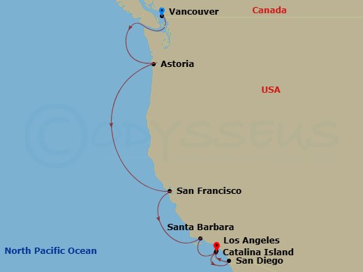 Brilliant Lady - 8 Night - Vancouver Down the Cali Coast - Brilliant Lady - Starting in Vancouver, British Columbia, Canada, Astoria, Oregon, San Francisco, California, Santa.. itinerary map