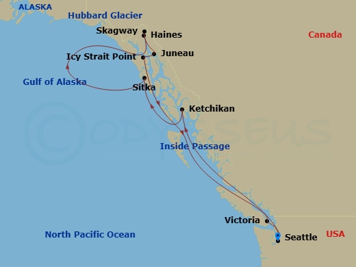 Brilliant Lady - 12 Night - Alaska : Glaciers & More - Brilliant Lady - Starting in Seattle, Washington, Inside Passage (Cruising), Ketchikan, Alaska, Sitka, Alaska, Hubbard G.. itinerary map