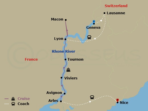 11 Night - Swiss Mountains, Sensations of Lyon and Provence with Nice - Emerald Liberte - Starting in Geneva / Lausanne, Lausanne, Lausanne / Lyon, Lyon, Macon, Tournon, Viviers, Avignon, Arles, Arles / Nice itinerary map