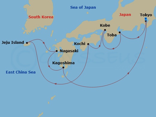 EXPLORA III - 9 Night - A Journey of Flourishing Culture & Captivating Landscapes - EXPLORA III - Starting in Tokyo, Toba, Kobe, Kochi, Jeju Island, Nagasaki, Kagoshima, To.. itinerary map