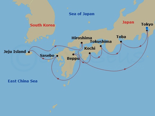10 Night - A Journey of Ocean Serenity, Lively Culture & Island Grace - EXPLORA III - Starting in Tokyo, Toba, Tokushima, Kochi, Beppu, Sasebo, Jeju Island, Hiroshima, Tokyo itinerary map