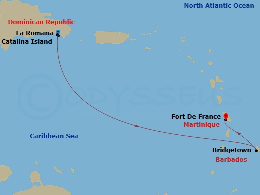 MSC Opera - 4 Night - South Caribbean - MSC Opera - Starting in La Romana, Dominican Republic, Catalina Island, Dominican Republic, Bridgetown, Barbados, Fort-de-France,.. itinerary map