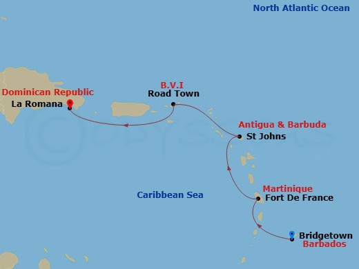MSC Opera - 4 Night - South Caribbean - MSC Opera - Starting in Bridgetown, Barbados, Fort-de-France, Martinique, St Johns AG, Antigua, Road Town (Tortola), British Virgi.. itinerary map