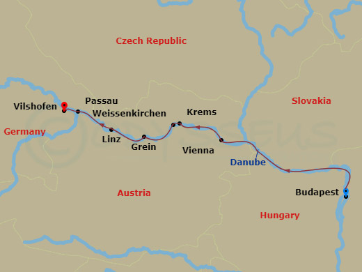 AmaMora - 7 Night - Melodies of the Danube (Wine Cruise) - AmaMora - Starting in Budapest, Vienna, Krems, Weissenkirchen, Scenic Cruising, Grein, Linz, Passau, Vilshofen itinerary map