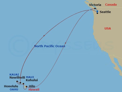 Carnival Legend - 16 Night - Journeys - Hawaii - Carnival Legend - Starting in Seattle, Wa, Honolulu, Oahu, Hi, Nawiliwili, Kauai, Hi, Kahului, Maui, Hi, Hilo, Hawaii, Victoria.. itinerary map