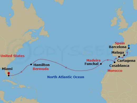 14 Night - Atlantic Ocean Zephyr - Seven Seas Voyager - Starting in Barcelona, Cartagena ES, Malaga, Casablanca, Cruising the Atlantic Ocean, Funchal (Madeira), Cruising the Atlantic Ocean, Hamilton, Cruising the Atlantic Ocean, Miami itinerary map