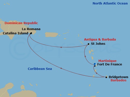 MSC Opera - 7 Night - South Caribbean - MSC Opera - Starting in Fort-de-France, Martinique, St Johns AG, Antigua, La Romana, Dominican Republic, Catalina Island, Dominica.. itinerary map