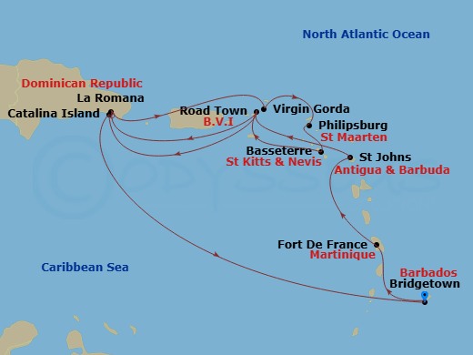 MSC Opera - 14 Night - South Caribbean - MSC Opera - Starting in Bridgetown, Barbados, Fort-de-France, Martinique, St Johns AG, Antigua, Road Town (Tortola), British Virg.. itinerary map