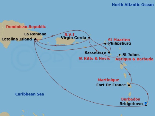 MSC Opera - 14 Night - South Caribbean - MSC Opera - Starting in Bridgetown, Barbados, Fort-de-France, Martinique, St Johns AG, Antigua, Virgin Gorda, British Virgin Isla.. itinerary map