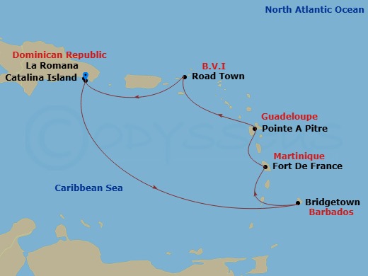 MSC Opera - 7 Night - South Caribbean - MSC Opera - Starting in La Romana, Dominican Republic, Catalina Island, Dominican Republic, Bridgetown, Barbados, Fort-de-France,.. itinerary map