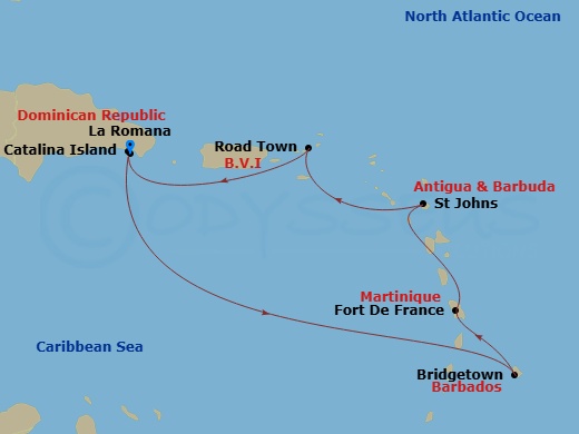 MSC Opera - 7 Night - South Caribbean - MSC Opera - Starting in La Romana, Dominican Republic, Catalina Island, Dominican Republic, Bridgetown, Barbados, Fort-de-France,.. itinerary map