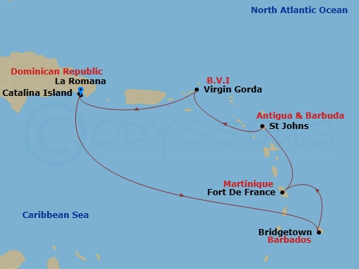 MSC Opera - 7 Night - South Caribbean - MSC Opera - Starting in La Romana, Dominican Republic, Catalina Island, Dominican Republic, Bridgetown, Barbados, Fort-de-France,.. itinerary map