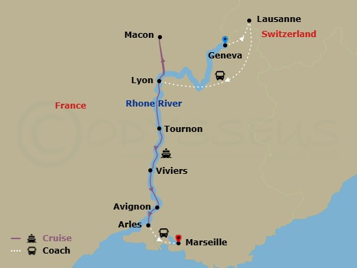11 Night - Swiss Mountains with Sensations of Lyon and Provence - Emerald Liberte - Starting in Geneva / Lausanne, Lausanne, Lausanne / Lyon, Lyon, Macon, Tournon, Viviers, Avignon, Arles, Arles / Marseille itinerary map
