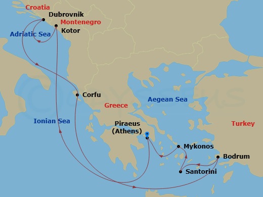 Scarlet Lady - 10 Night - Starry Nights in Greece & Croatia - Scarlet Lady - Starting in Athens (Piraeus), Greece, Kotor, Montenegro, Dubrovnik, Croatia, Corfu, Greece, Bodr.. itinerary map