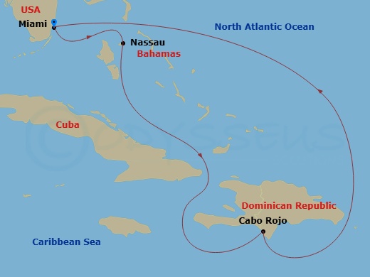 RCL Freedom of the Seas - 5 Night - Caribbean Getaway Cruise - RCL Freedom of the Seas - Starting in Miami, Florida, Nassau, Bahamas, Cabo Rojo, Dominican Republic, Miami, Florida itinerary map