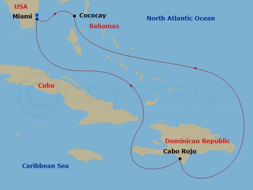 RCL Freedom of the Seas - 5 Night - Western Caribbean & Perfect Holiday - RCL Freedom of the Seas - Starting in Miami, Florida, Cabo Rojo, Dominican Republic, Perfect Day Cococay, Baha.. itinerary map