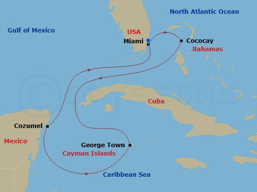RCL Independence of the Seas - 7 Night - Western Caribbean Holiday - RCL Independence of the Seas - Starting in Miami, Florida, Perfect Day Cococay, Bahamas, George Town, Grand Cayman, Cozu.. itinerary map