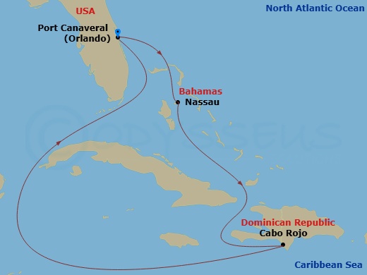 RCL Adventure of the Seas - 6 Night - Western Caribbean Cruise - RCL Adventure of the Seas - Starting in Orlando (Port Canaveral), Fl, Nassau, Bahamas, Cabo Rojo, Dominican Republic, Orl.. itinerary map