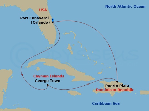 RCL Adventure of the Seas - 6 Night - Western Caribbean Cruise - RCL Adventure of the Seas - Starting in Orlando (Port Canaveral), Fl, George Town, Grand Cayman, Puerto Plata, Dominican.. itinerary map