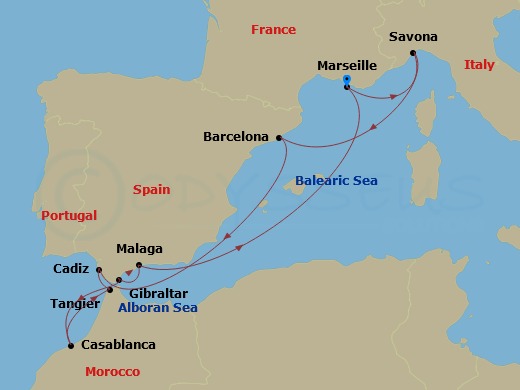 Costa Fascinosa - 10 Night - Western Mediterranean from Marseille - Costa Fascinosa - Starting in Marseille, Savona, Barcelona, Cadice, Tangier, Casablanca, Gibraltar, Malaga,.. itinerary map