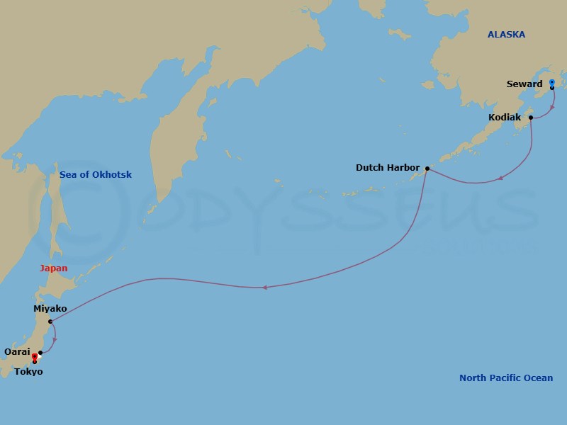 13 Night - Alaska & Japan Cruise : Seward, Kodiak & Tokyo - Azamara Pursuit - Starting in Seward, Alaska, Kodiak, Alaska, Dutch Harbor, Alaska, Miyako, Iwate, Oarai, Tokyo itinerary map