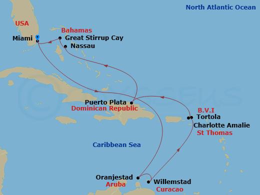 NCL Norwegian Jewel - 12 Night - Southern Caribbean - Miami - NCL Norwegian Jewel - Starting in Miami, Fl, Oranjestad, Aruba, Willemstad AN, Netherlands Antilles, St Thomas, Vi, To.. itinerary map