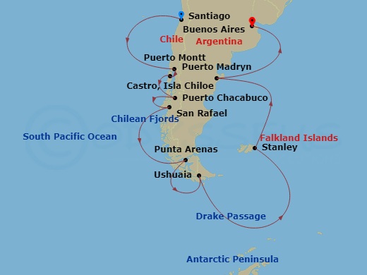 Oceania Marina - 20 Night - Antarctic Triumph - Oceania Marina - Starting in Santiago De Chile (San Antonio CL), Puerto Montt, Castro, Puerto Chacabuco, Laguna San Raphael, Cr.. itinerary map
