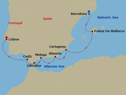 Wind Surf - 8 Night - Spanish Symphony - Wind Surf - Starting in Barcelona, Palma De Mallorca, Cartagena ES, Almeria, Spain, Malaga, Gibraltar, Cadiz, Lisbon itinerary map