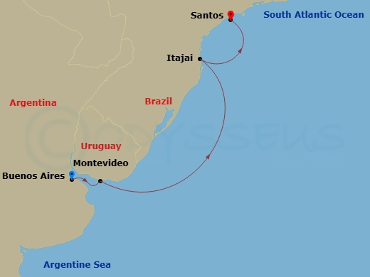 4 Night - South America from Buenos Aires to Santos - Costa Diadema - Starting in Buenos Aires, Argentina, Montevideo, Uruguay, Itajai, Brazil, Santos, Brazil itinerary map