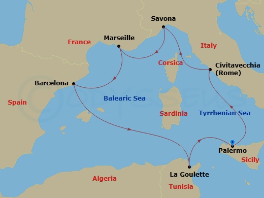 Costa Smeralda - 7 Night - Western Mediterranean from Palermo - Costa Smeralda - Starting in Palermo, Civitavecchia, Savona, Marseille, Barcelona, La Goulette, Palermo itinerary map