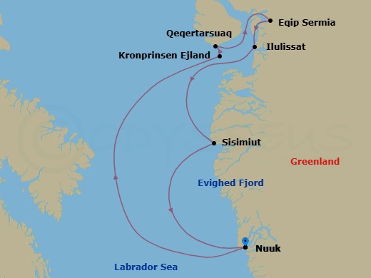 6 Night - Nuuk to Nuuk - Silver Wind - Starting in Nuuk (Godthab), Evighedsfjord, Kronprinsen Ejland, Qeqertarsuaq, Eqip Sermia Glacier, Ilulissat, Sisimiut, Nuuk (Godthab) itinerary map
