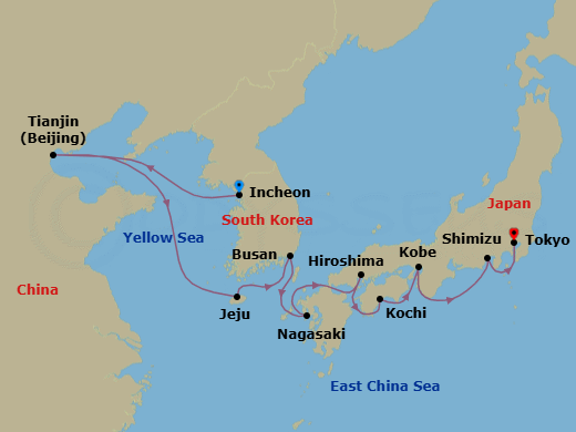15 Night - Incheon to Tokyo - Silver Muse - Starting in Incheon (Seoul), Tianjin (Beijing), Jeju, Busan, Nagasaki, Hiroshima, Kochi, Kobe, Shimizu, Tokyo itinerary map