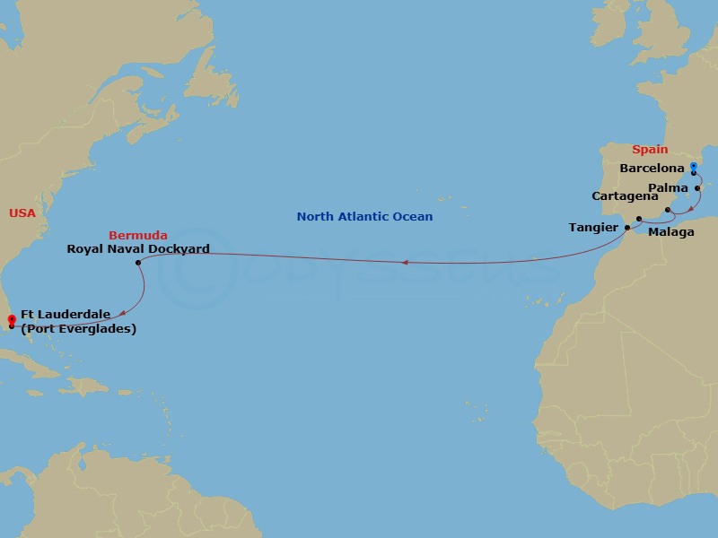 Celebrity Eclipse - 15 Night - Spain & Bermuda Transatlantic - Celebrity Eclipse - Starting in Barcelona, Spain, Palma De Mallorca, Spain, Cartagena ES, Malaga, Spain, Tangier, M.. itinerary map