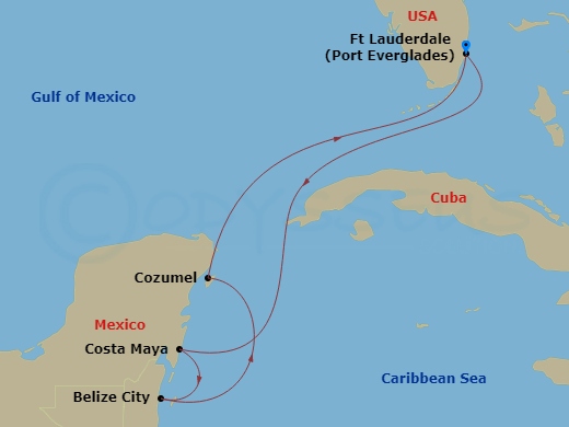 Celebrity Beyond - 6 Night - Mexico & Belize Cruise - Celebrity Beyond - Starting in Fort Lauderdale, Florida, Puerto Costa Maya, Mexico, Belize City, Belize, Cozumel, Mexico, F.. itinerary map