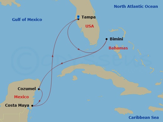 Celebrity Constellation - 7 Night - Mexico & Bahmas Cruise - Celebrity Constellation - Starting in Tampa, Florida, Bimini, Bahamas, Cozumel, Mexico, Puerto Costa Maya, Mexico, Tampa, F.. itinerary map