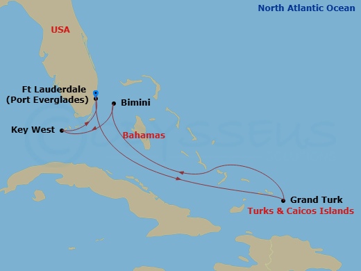 6 Night - Key West, Grand Turk & Bahamas - Celebrity Reflection - Starting in Fort Lauderdale, Florida, Grand Turk, Turks and Caicos, Bimini, Bahamas, Key West, Florida, Fort Lauderdale, Florida itinerary map